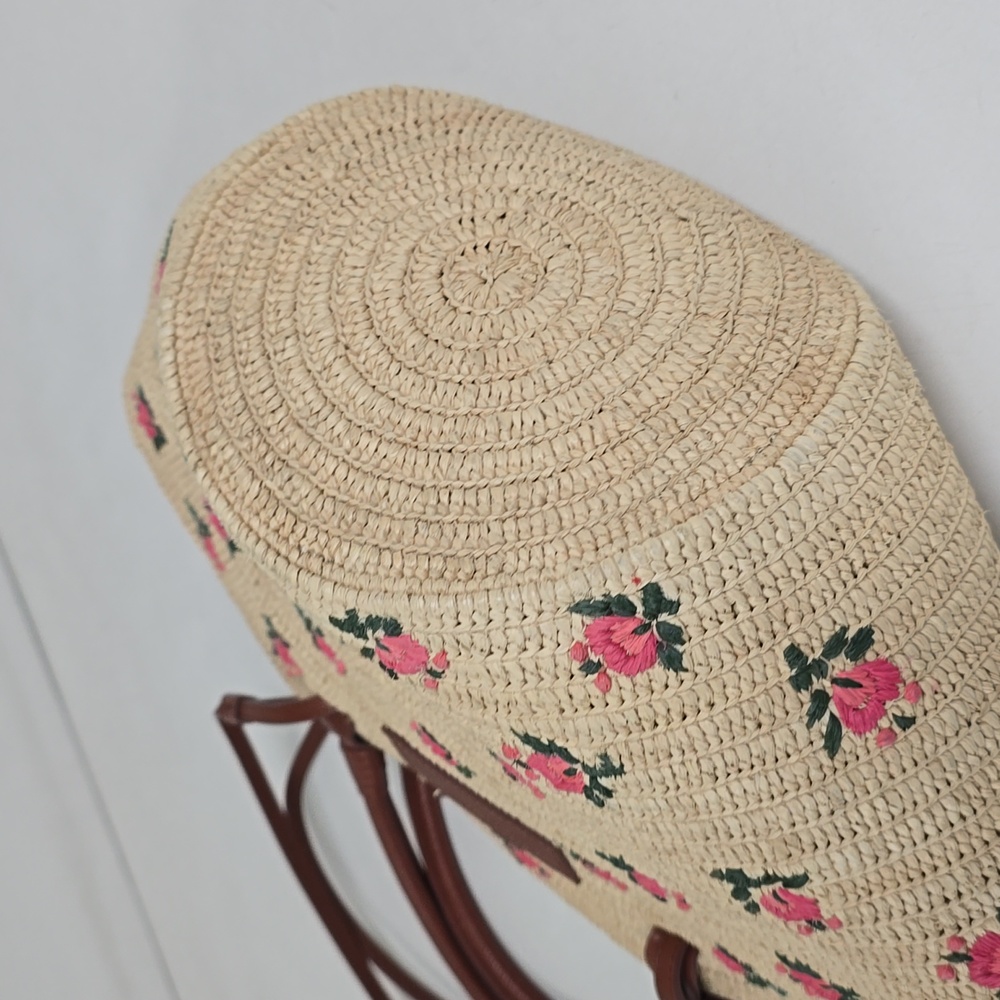 Sezane Justine Basket Bag Embroidered Pink Flowers Raffia - Picture 14 of 14
